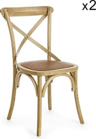 Zestaw 2 brązowych krzeseł z drewna wiązowego i naturalnego rattanu - CROSS