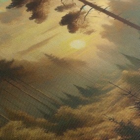 Obraz - Słońce świecące przez las (z zegarem) (90x30 cm)
