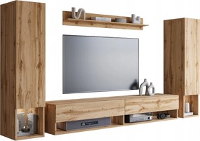 Nowoczesna meblościanka – zestaw wiszący do salonu 2 słupki + szafka RTV 180 cm + półka, dąb wotan mat