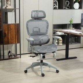 HOMCOM Krzesło biurowe, Ergonomiczne krzesło do biurka z tapicerką z siatki, regulowane, na kółkach, z podłokietnikami, zagłówkiem, Szary