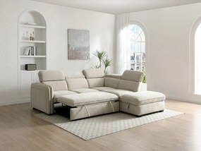 Kanapa narożna rozkładana prawostronna z pufą z beżowej tkaniny BALOTIA