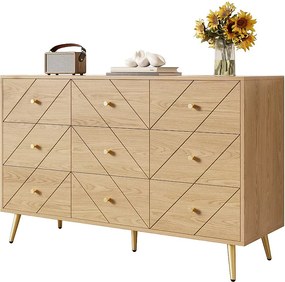 Nowoczesna komoda 9-szufladowa na metalowych nogach - 120 x 39 x 80 cm - solidna konstrukcja - płyta wiórowa - kolor naturalny