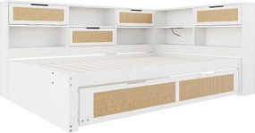 Łóżko-sofa z litego drewna 140x200cm - Z łóżkiem wysuwanym - Z wieloma schowkami - Z portem ładowania - Białe (bez materaca)