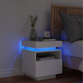 Biały stolik nocny 40x39x48,5 cm z wielokolorowym LED RGB, USB, drewno inżynieryjne, praktyczne przechowywanie