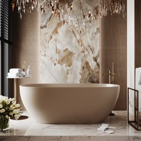 Wanna wolnostojąca owalna z konglomeratu 160 x 75 cm RONA White mat / połysk przelew typu SLIM cienki rant : Kolor wanny - Beż matowy