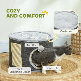 PawHut Kocia jaskinia, 2 poziomy, Domek dla kota, Plusz, Poduszki, Panel drapujący z sizalu, Φ40 x 30H cm, Ciemnoszary