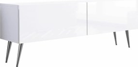 Szafka RTV: Biały Matowy / Biały Błyszczący, Nogi Chromowane, 140 x 52 x 32 cm