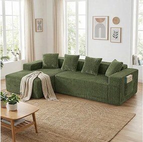 Modułowa Narożna Sofa Lewa - w Welurze Żebrowanym Zielonym - 3-osobowa - z 4 Poduszkami i leżanką - 261x156x80cm