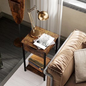 HOMCOM Stolik w stylu industrialnym z szufladą, półką, metalową ramą, drewnem, 40 x 40 x 68 cm, Brązowy