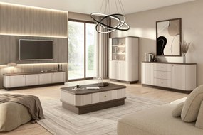 Stolik kawowy z szufladą Vesper 103x60 cm na cokole - kaszmir / orzech / złoty uchwyt