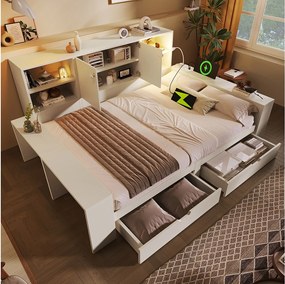Łóżko dziecięce z pojemnikiem - 90 x 200 cm - z szufladami + półką + portem USB - MDF - białe