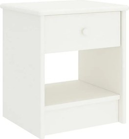 Biały stolik nocny z litego drewna sosnowego 35x30x40 cm z szufladą i półką, styl nowoczesny