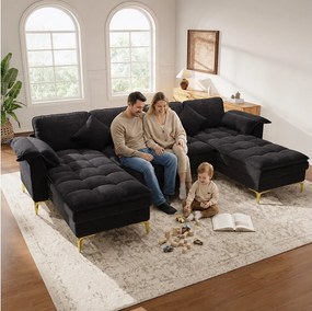 Modułowa sofa narożna U/L 6-osobowa z 2 pufami ze schowkiem i konsolą centralną USB/Type-C - Chenille - 316 x 140 x 84,5 cm - Czarna