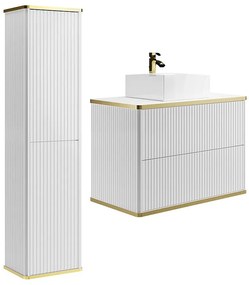Podwieszana szafka łazienkowa prążkowana z kwadratową umywalką nablatową i słupkiem - Biała - 80 cm - KELIZA