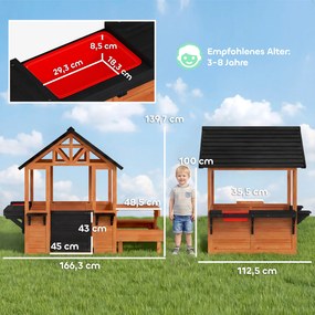 AIYAPLAY Domek ogrodowy z drewna dla dzieci z ławkami, stołem, zlewem, oknem, stojakiem na doniczki dla dzieci w wieku 3-8 lat, jasnobrązowy | Aosom PL