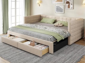 Kanapa rozkładana tapicerowana 90×190 cm - z 2 szufladami - ze stelażem listwowym - beżowa (materac nie jest zawarty)