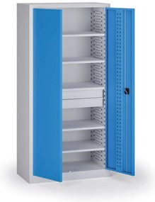 Szafa warsztatowa, 5 półek + 2 szuflady, 1950 × 950 × 500 mm, niebieskie drzwi