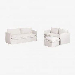 Zestaw Wypoczynkowy Z Sofą 2-osobową, Sofą 3-osobową I Pufem Z Lnu I Bawełny Grace Tkaniny Distressed White - Sklum