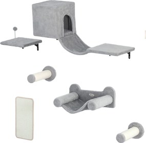 PawHut Ścianka Wspinaczkowa dla Kotów 6-elementowy zestaw z domkiem dla kota, hamakiem, platformą, drapakiem Szary