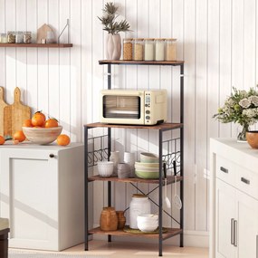 HOMCOM Regał kuchenny, 4-poziomowy design, powierzchnia robocza, 8 haczyków, metalowe rury, brązowy+czarny