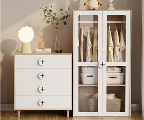 Zestaw szafa 2-częściowy - szafa + stolik nocny - 4 szuflady i 2 drzwi - biały + naturalny