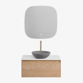 Zestaw Wiszących Mebli Łazienkowych Z Drewna Jesionowego Tedrik Popielaty Brąz & Okrągły Szary Cement Ø40 Cm - Sklum