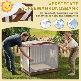 Piaskownica AIYAPLAY, drewniana skrzynia z baldachimem i siatkowymi drzwiami, ławki, ochraniacz podłogi, kolor brązowy