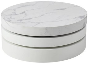 Stolik kawowy obrotowy okrągły z 1 wnęką z MDF - Efekt białego marmuru i biały lakierowany - JANITA