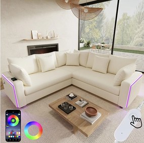 Narożnik L 5-osobowy - 198 x 198 x 83 cm - z diodami LED + port USB + pasujące poduszki - aksamit - beżowy