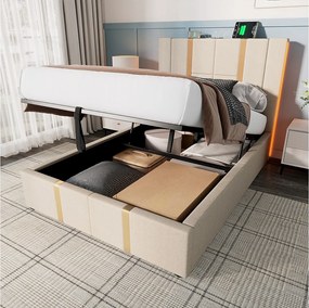 Łóżko ze schowkiem 90x200 cm - beżowy len - łóżko dziecięce z funkcją ładowania LED i USB - bez materaca