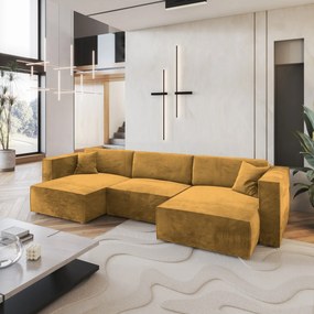 Masseno Narożnik SARMO z funkcją spania i pojemnikiem na pościel Narozniki U, Rozkładana sofa - Żółty, MONOLITH 48