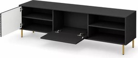 Nowoczesna szafka Pulset RTV-1 – komoda pod telewizor z frontami MDF, czarny mat, złote metalowe nogi – styl glamour