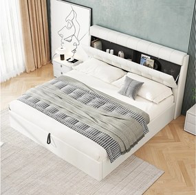 Łóżko z pojemnikiem 160 x 200 cm i zagłówkiem ze schowkiem - LED-y - skóra ekologiczna - białe (bez materaca)
