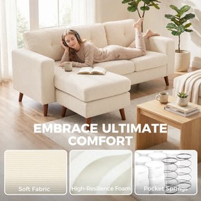 HOMCOM Narożnik 192 cm L-kształt 3-osobowa sofa z odwracalnym szezlongiem, wygląd sztruksu, do małych pomieszczeń, kremowo-biały | Aosom PL