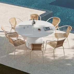 Zestaw Okrągłego Stołu Ø150 Cm Z Cementu Numira Oraz 8 Sztaplowanych Krzeseł Ogrodowych Ze Stali I Syntetycznego Rattanu Kalyman Jasna Biel - Sklum