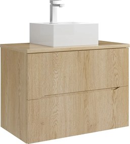 Szafka łazienkowa wisząca prążkowana z kwadratową umywalką nablatową i baterią – Jasny naturalny – 80 cm – ORISO