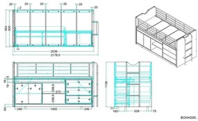Biało-niebieskie podwyższone łóżko dziecięce ze schowkiem i stelażem 90x200 cm Bonny – Vipack