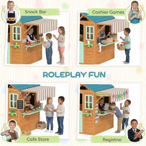 AIYAPLAY Drewniany domek dziecięcy na zewnątrz z ladą sprzedażową, skrzynką na rośliny, tablicą kredową, tarczą do rzucania 4 piłki 142 x 120 x 141,5 cm Wielobarwny | Aosom PL