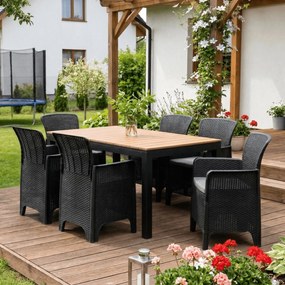 Zestaw Mebli Ogrodowych Stół ARGOS 140-180 cm Dąb/Czarny i 6x Fotel FRESNO Czarny Technorattan Nowoczesny