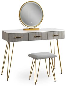 Szara toaletka glamour z taboretem i lustrem LED - Merina