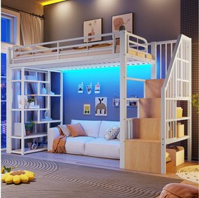 Łóżko piętrowe 90 x 200 cm ze schodkami do przechowywania, otwarte półki pod łóżkiem – Metal i płyta MDF – LED – Białe (Materac nie jest wliczony w cenę)