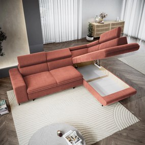 Masseno Narożnik VELISS z funkcją spania i pojemnikiem na pościel Narozniki L, Rozkładana sofa - Koralowy, CASTEL 55