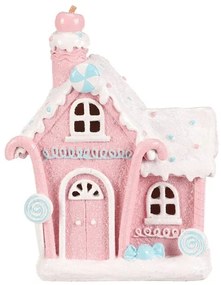 Dekoracja świąteczna Domek ze słodyczy, poliresin, LED, różowy