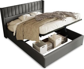 Łóżko z pojemnikiem 140 x 200 cm i zagłówkiem - tkanina lniana - przeszycia w paski - kolor szary