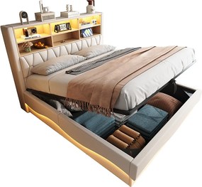 Łóżko tapicerowane ze schowkiem - 180 x 200 cm - schowek hydrauliczny - z diodami LED + USB - Len + Metal + Sklejka + MDF - białe