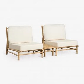 Zestaw Ogrodowy Z 2 Fotelami I Prostokątnym Stolikiem Bocznym Z Bambusa Isendra Tkaniny Biała - Sklum