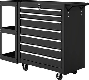 HOMCOM Wózek warsztatowy z 7 szufladami odczepiana półka boczna 4 kółka z hamulcem, 96x33,5x75cm, czarny | Aosom PL