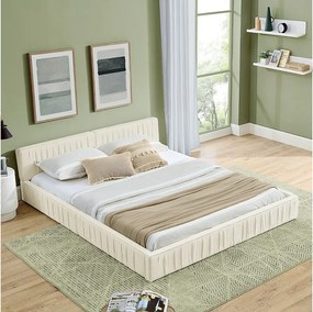 Łóżko podwójne 140x200 cm z tapicerowanym zagłówkiem, szenila beżowa - bez materaca