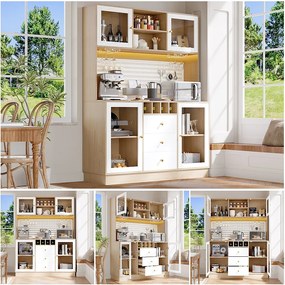 Nowoczesna komoda kuchenna - 140 x 40 x 185,7 cm - z 4 drzwiami szklanymi + 3 szufladami + półkami + diodami LED - MDF + szkło - biała