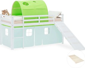 Łóżko piętrowe dla dzieci 90x200 cm białe z zieloną zasłoną i tunelem